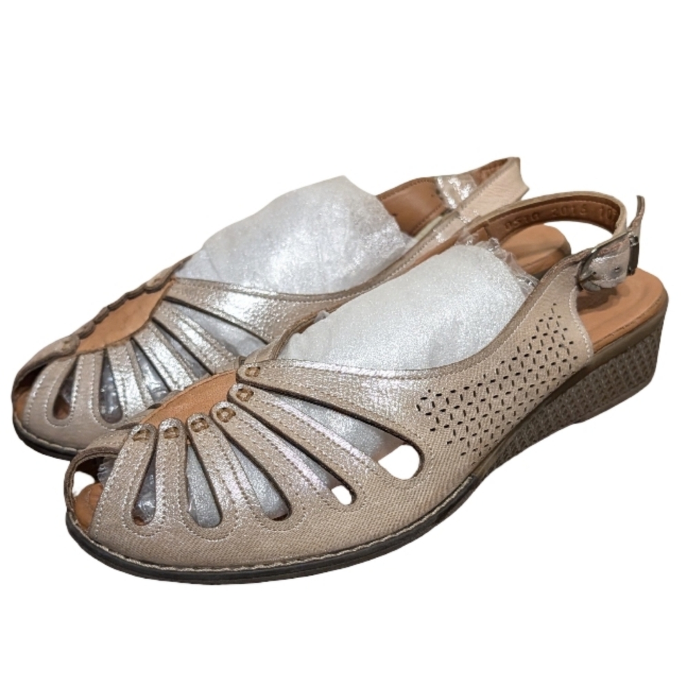 Ethan Valdes Wedge Open Toe Sling Back Sandals in Rose Gold Punched Leather sz 9